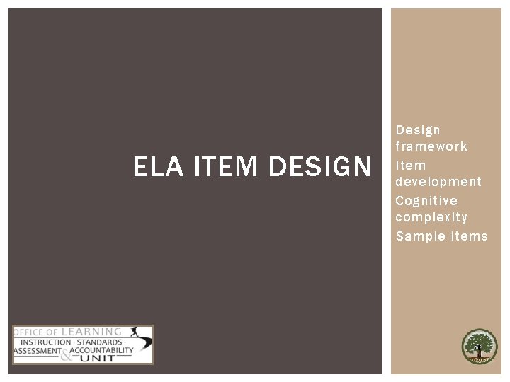 ELA ITEM DESIGN Design framework Item development Cognitive complexity Sample items 