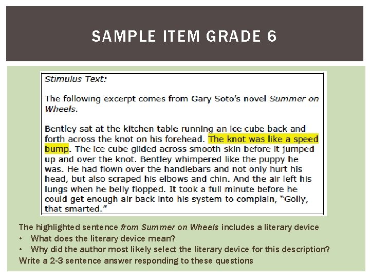 SAMPLE ITEM GRADE 6 The highlighted sentence from Summer on Wheels includes a literary