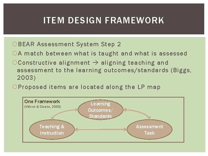 ITEM DESIGN FRAMEWORK BEAR Assessment System Step 2 A match between what is taught