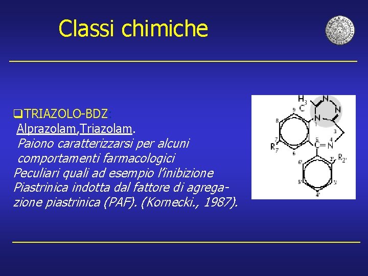Classi chimiche q. TRIAZOLO-BDZ: Alprazolam, Triazolam. Paiono caratterizzarsi per alcuni comportamenti farmacologici Peculiari quali