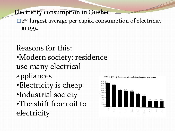 �Electricity consumption in Quebec � 2 nd largest average per capita consumption of electricity