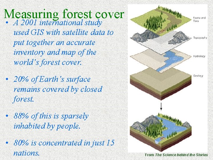 Measuring forest cover • A 2001 international study used GIS with satellite data to