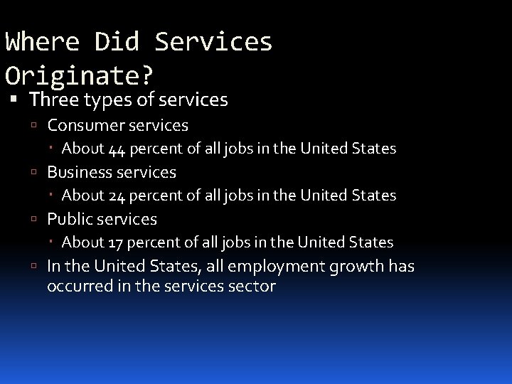 Where Did Services Originate? Three types of services Consumer services About 44 percent of