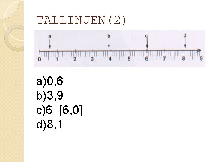 TALLINJEN(2) a)0, 6 b)3, 9 c)6 [6, 0] d)8, 1 