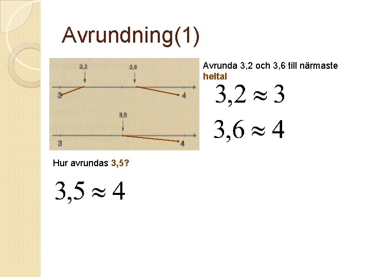 Avrundning(1) Avrunda 3, 2 och 3, 6 till närmaste heltal Hur avrundas 3, 5?