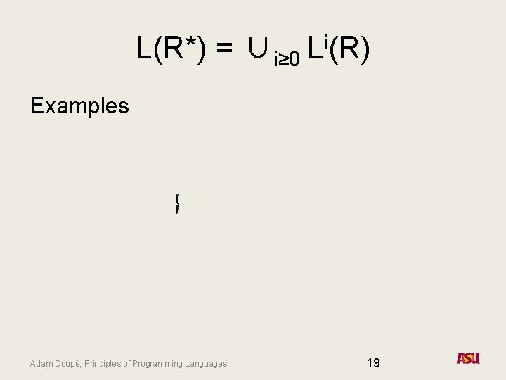 L(R*) = ∪i≥ 0 Li(R) Examples L(a | b*) = {a, �� , b,