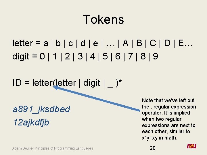 Tokens letter = a | b | c | d | e | …