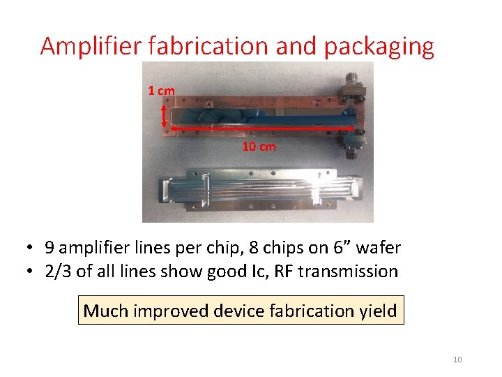 Amplifier fabrication and packaging 1 cm 10 cm • 9 amplifier lines per chip,