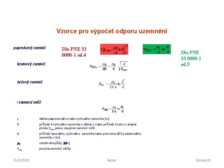 Vzorce pro výpočet odporu uzemnění paprskový zemnič Dle PNE 33 0000 -1 ed. 4