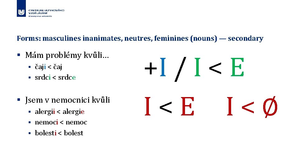 Forms: masculines inanimates, neutres, feminines (nouns) — secondary § Mám problémy kvůli… čaji <