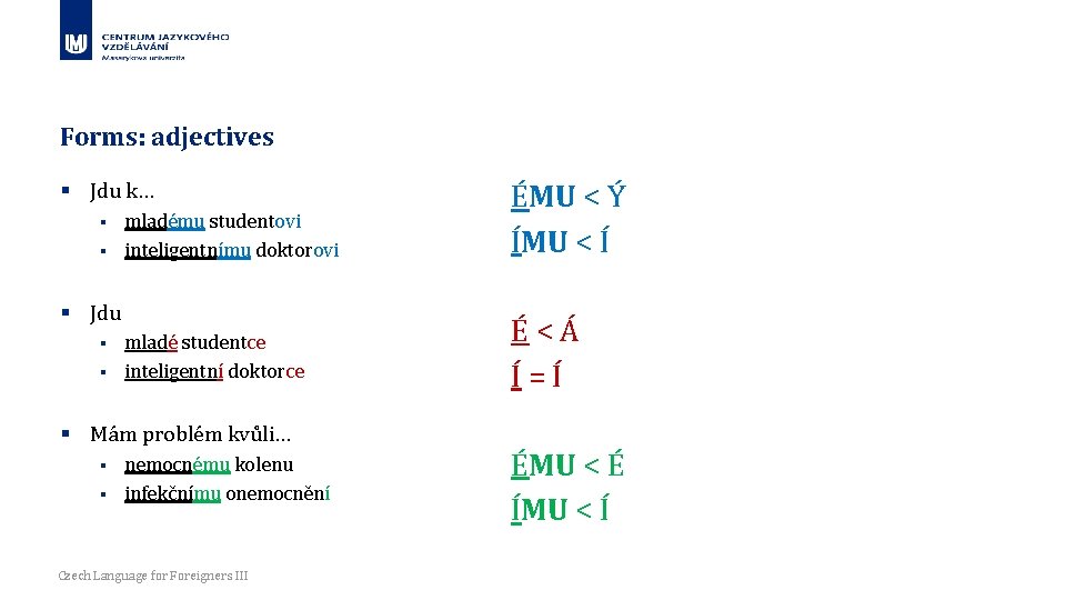 Forms: adjectives § Jdu k… mladému studentovi § inteligentnímu doktorovi § § Jdu mladé