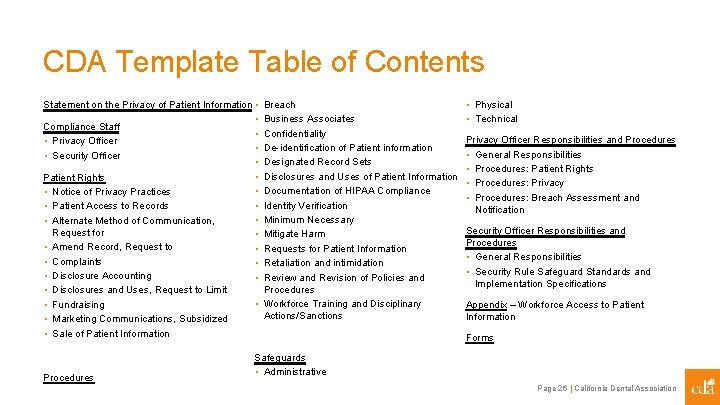 CDA Template Table of Contents Statement on the Privacy of Patient Information • Breach