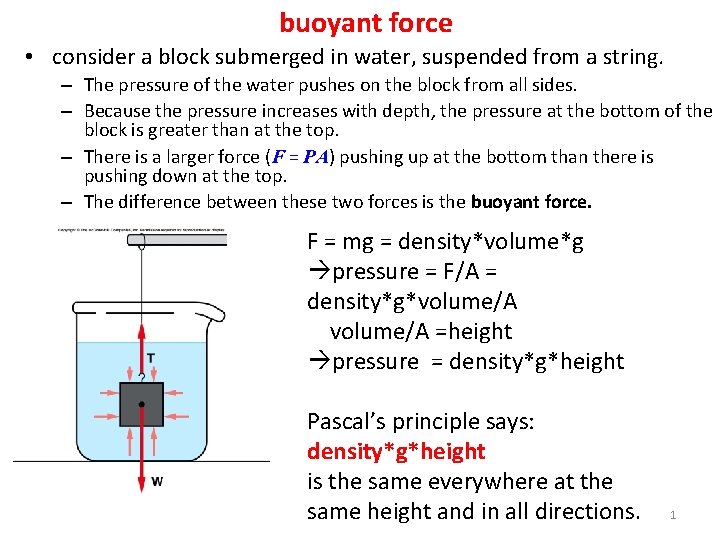 buoyant force • consider a block submerged in water, suspended from a string. –