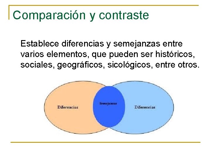 Comparación y contraste Establece diferencias y semejanzas entre varios elementos, que pueden ser históricos,