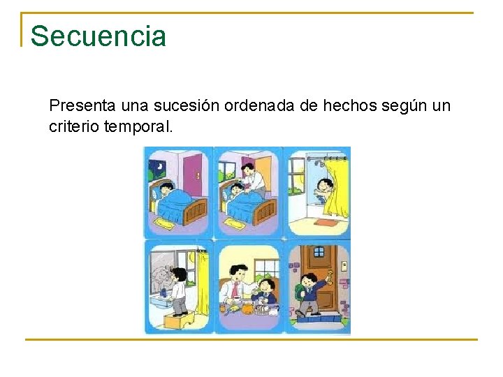 Secuencia Presenta una sucesión ordenada de hechos según un criterio temporal. 