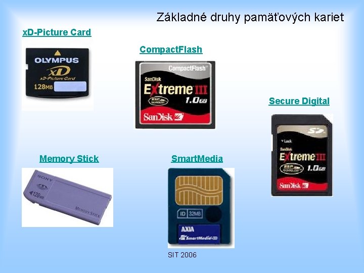 Základné druhy pamäťových kariet x. D-Picture Card Compact. Flash Secure Digital Memory Stick Smart.