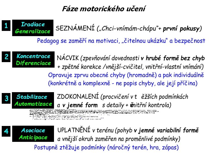 Fáze motorického učení 1 Iradiace Generalizace 2 Koncentrace Diferenciace 3 Stabilizace Automatizace 4 Asociace