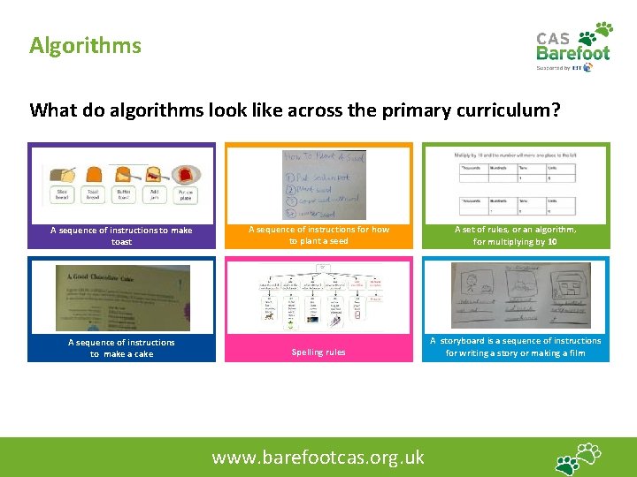 Algorithms What do algorithms look like across the primary curriculum? A sequence of instructions