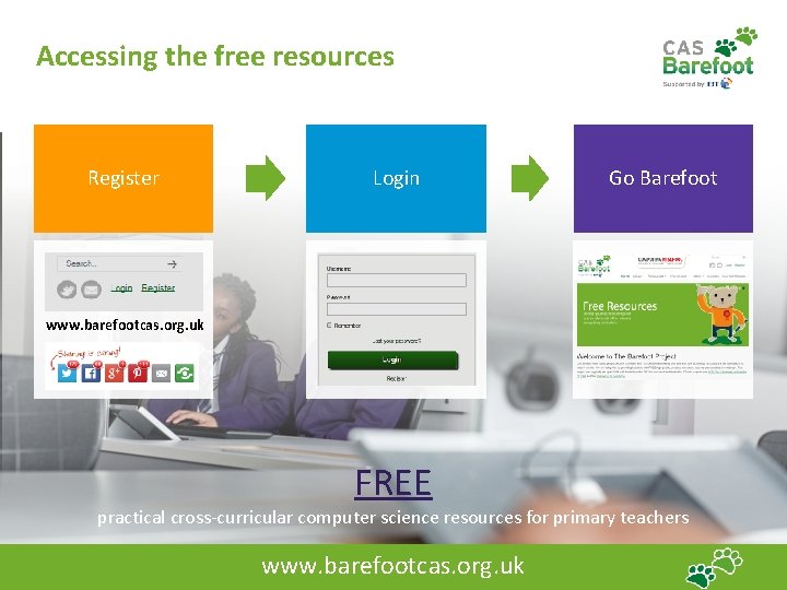 Accessing the free resources Register Login Go Barefoot www. barefootcas. org. uk FREE practical