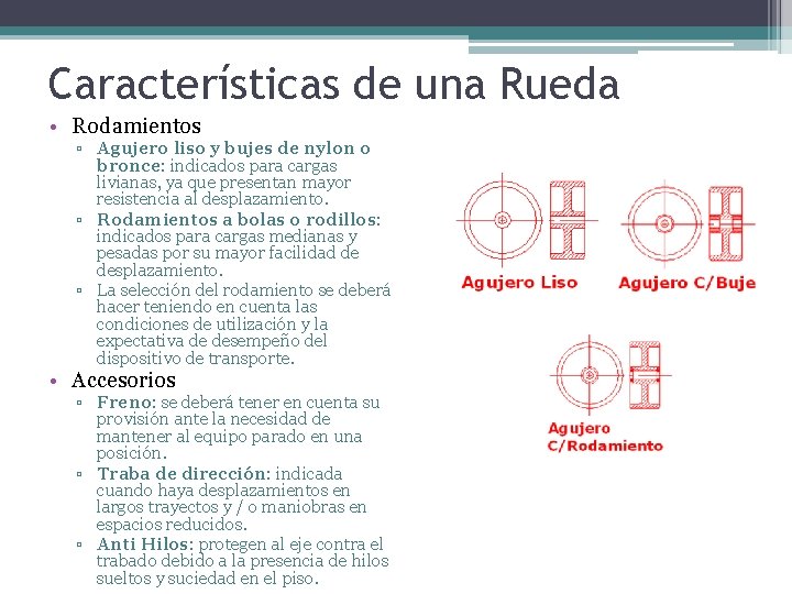 Características de una Rueda • Rodamientos ▫ Agujero liso y bujes de nylon o