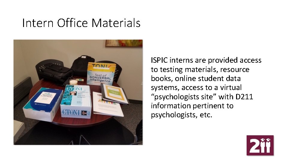 Intern Office Materials INSERT PICTURE OF SUPERVISION SPACE HERE ISPIC interns are provided access