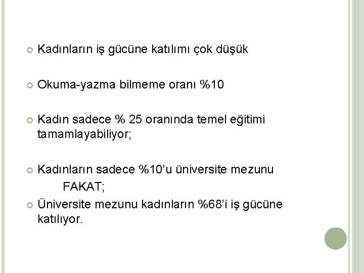  Kadınların iş gücüne katılımı çok düşük Okuma-yazma bilmeme oranı %10 Kadın sadece %