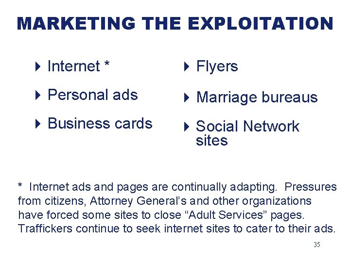 MARKETING THE EXPLOITATION 4 Internet * 4 Flyers 4 Personal ads 4 Marriage bureaus