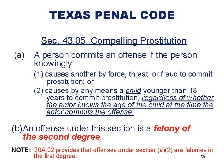 TEXAS PENAL CODE Sec. 43. 05 Compelling Prostitution (a) A person commits an offense