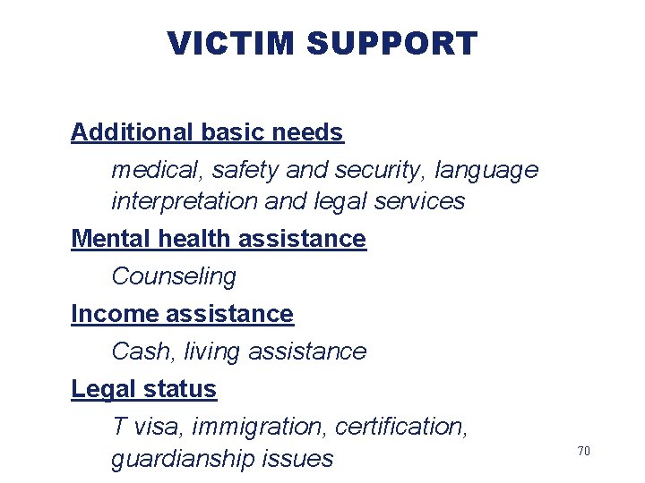 VICTIM SUPPORT Additional basic needs medical, safety and security, language interpretation and legal services