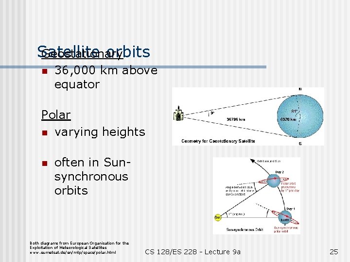 Satellite orbits Geostationary n 36, 000 km above equator Polar n varying heights n