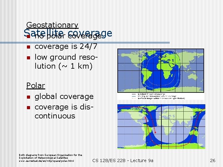 Geostationary Satellite n no polar coverage n coverage is 24/7 n low ground resolution