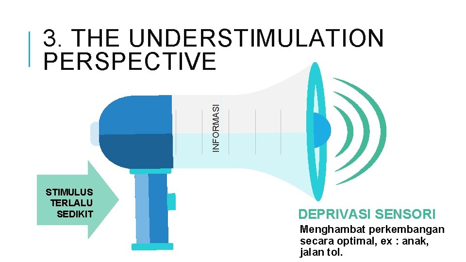 INFORMASI 3. THE UNDERSTIMULATION PERSPECTIVE STIMULUS TERLALU SEDIKIT DEPRIVASI SENSORI Menghambat perkembangan secara optimal,