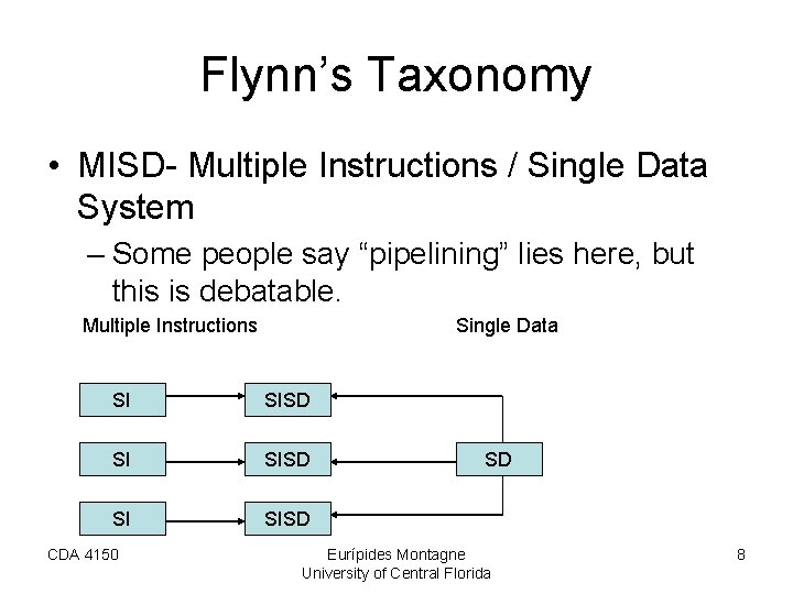 Flynn’s Taxonomy • MISD- Multiple Instructions / Single Data System – Some people say Flynn’s Taxonomy • MISD- Multiple Instructions / Single Data System – Some people say