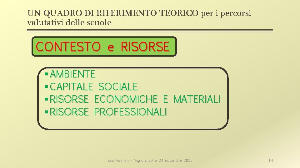 UN QUADRO DI RIFERIMENTO TEORICO per i percorsi valutativi delle scuole CONTESTO e RISORSE