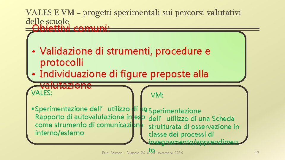 VALES E VM – progetti sperimentali sui percorsi valutativi delle scuole Obiettivi comuni: •