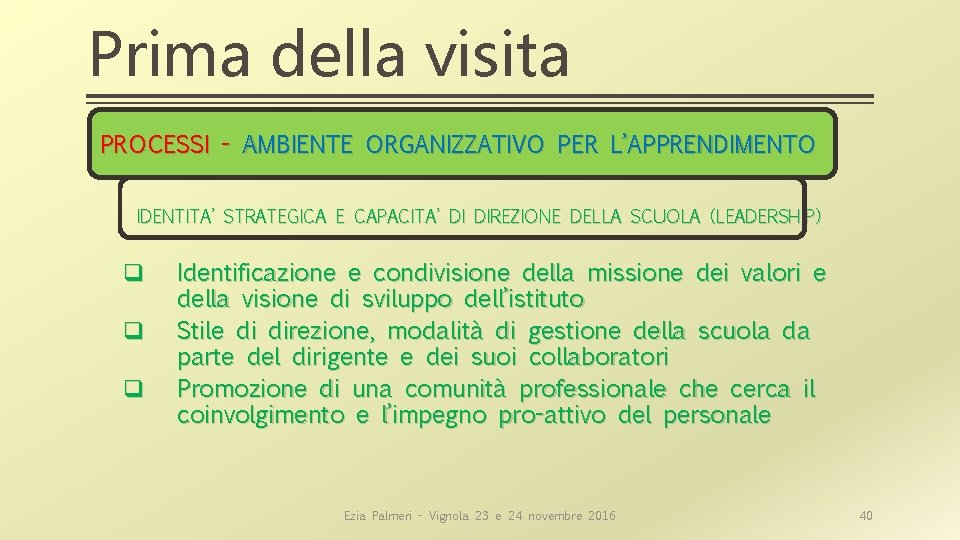 Prima della visita PROCESSI - AMBIENTE ORGANIZZATIVO PER L’APPRENDIMENTO IDENTITA’ STRATEGICA E CAPACITA’ DI