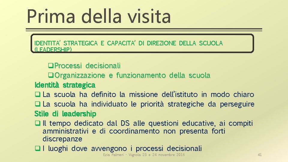 Prima della visita IDENTITA’ STRATEGICA E CAPACITA’ DI DIREZIONE DELLA SCUOLA (LEADERSHIP) q. Processi