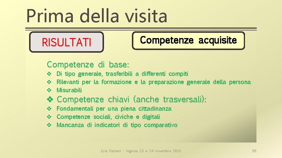 Prima della visita Competenze acquisite RISULTATI Competenze di base: v v v Di tipo