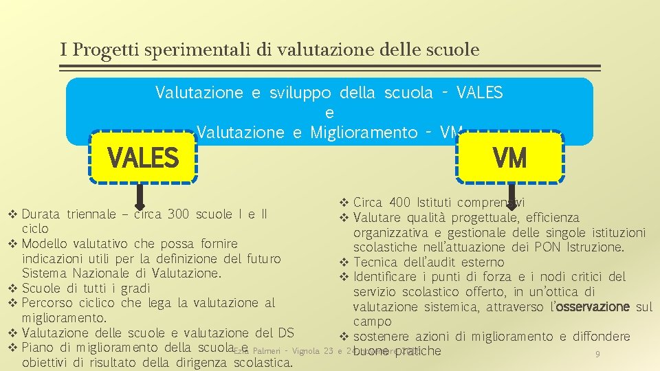 I Progetti sperimentali di valutazione delle scuole Valutazione e sviluppo della scuola - VALES