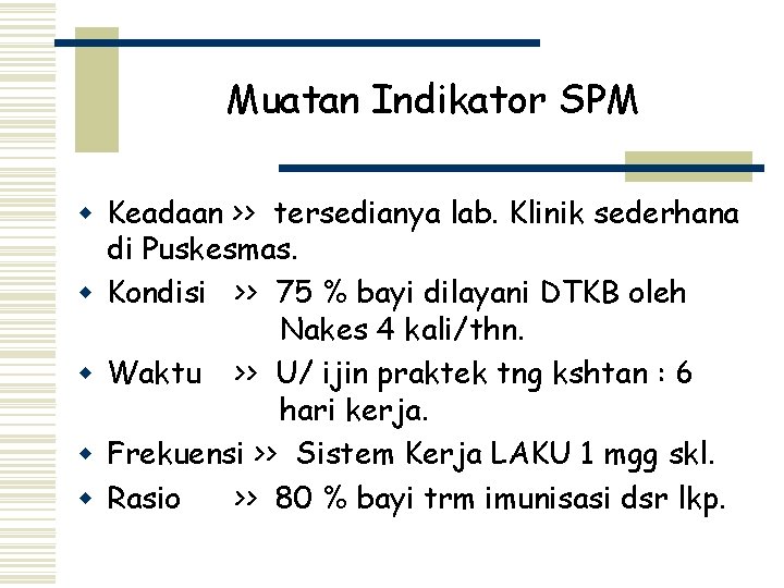 Muatan Indikator SPM w Keadaan >> tersedianya lab. Klinik sederhana di Puskesmas. w Kondisi