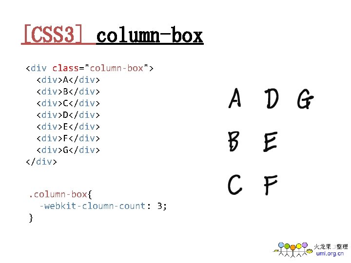 [CSS 3] column-box <div class="column-box"> <div>A</div> <div>B</div> <div>C</div> <div>D</div> <div>E</div> <div>F</div> <div>G</div>. column-box{ -webkit-cloumn-count: