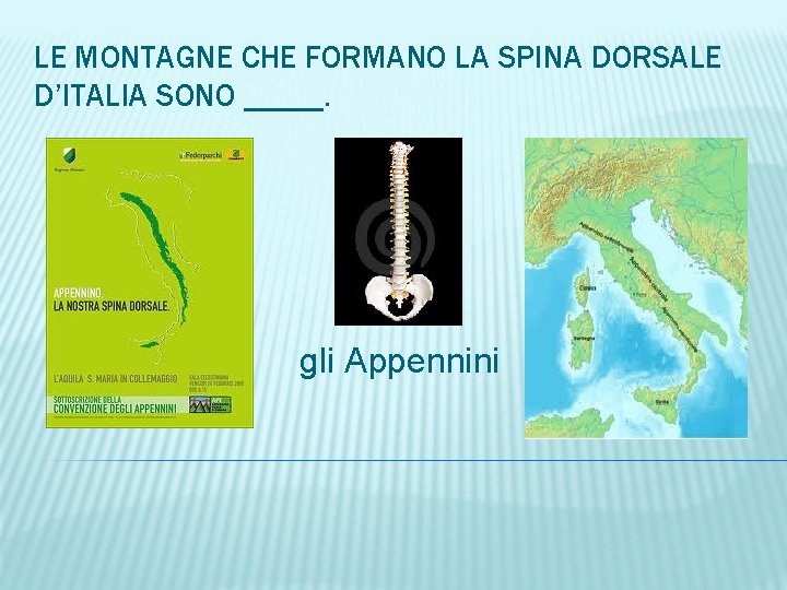 LE MONTAGNE CHE FORMANO LA SPINA DORSALE D’ITALIA SONO _____. gli Appennini 