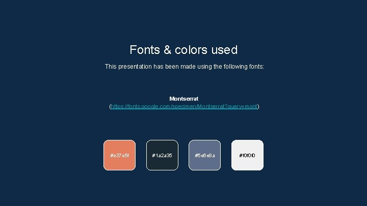 Fonts & colors used This presentation has been made using the following fonts: Montserrat