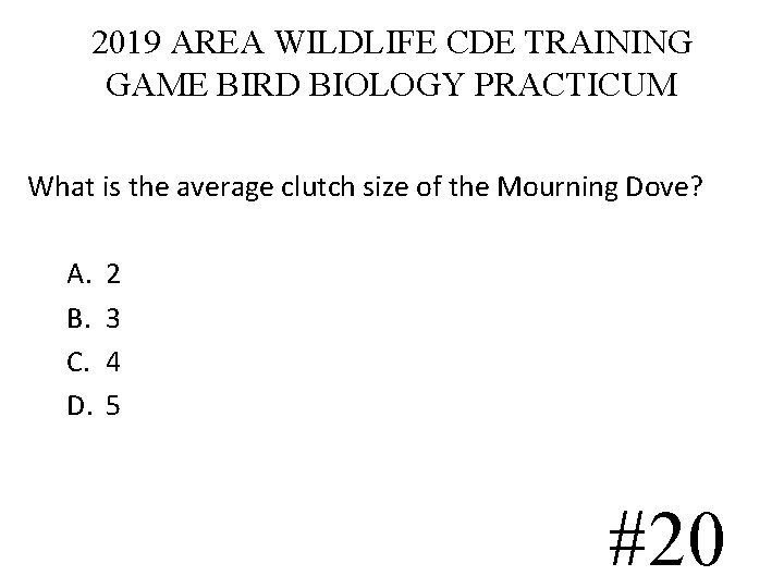 2019 AREA WILDLIFE CDE TRAINING GAME BIRD BIOLOGY PRACTICUM What is the average clutch 2019 AREA WILDLIFE CDE TRAINING GAME BIRD BIOLOGY PRACTICUM What is the average clutch