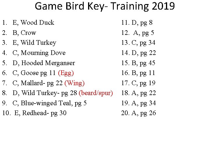 Game Bird Key- Training 2019 1. E, Wood Duck 2. B, Crow 3. E, Game Bird Key- Training 2019 1. E, Wood Duck 2. B, Crow 3. E,