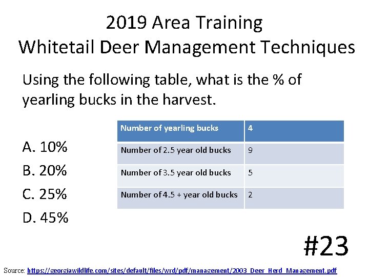 2019 Area Training Whitetail Deer Management Techniques Using the following table, what is the 2019 Area Training Whitetail Deer Management Techniques Using the following table, what is the