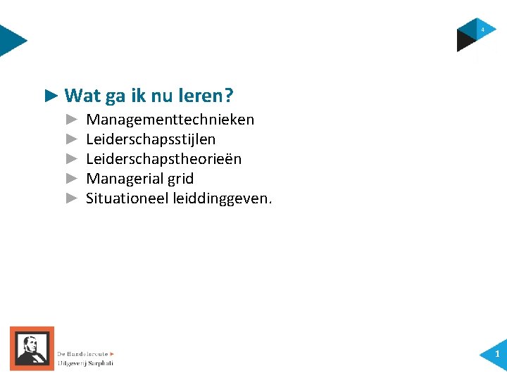 ► Wat ga ik nu leren? ► ► ► Managementtechnieken Leiderschapsstijlen Leiderschapstheorieën Managerial grid ► Wat ga ik nu leren? ► ► ► Managementtechnieken Leiderschapsstijlen Leiderschapstheorieën Managerial grid