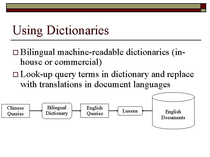 Using Dictionaries o Bilingual machine-readable dictionaries (inhouse or commercial) o Look-up query terms in