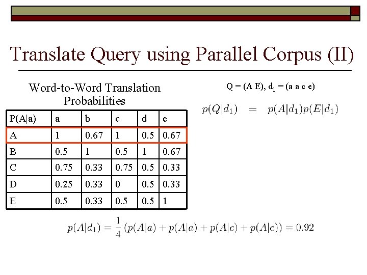 Translate Query using Parallel Corpus (II) Word-to-Word Translation Probabilities Q = (A E), d