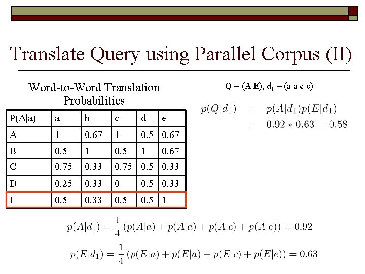 Translate Query using Parallel Corpus (II) Word-to-Word Translation Probabilities Q = (A E), d